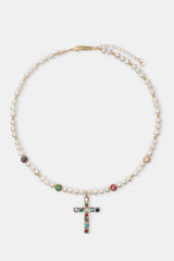 Süßwasserperlen &amp; mehrfarbige Eiskugel-Kreuz-Halskette – Gold