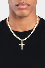 Süßwasserperlen &amp; mehrfarbige Eiskugel-Kreuz-Halskette – Gold