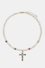 Freshwater Pearl & Multi Colour Ice Ball Cross Necklace - Gold