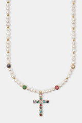 Süßwasserperlen &amp; mehrfarbige Eiskugel-Kreuz-Halskette – Gold