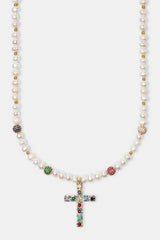 Freshwater Pearl & Multi Colour Ice Ball Cross Necklace - Gold