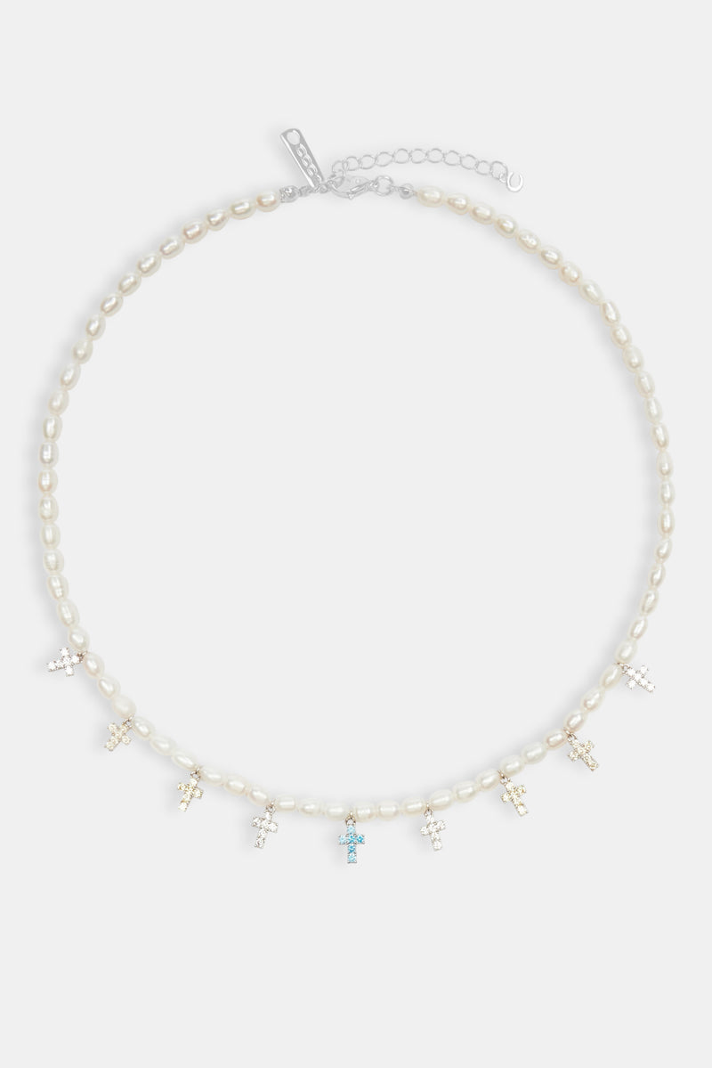 Womens Freshwater Pearl & Multi Colour Ice Cross Necklace - White