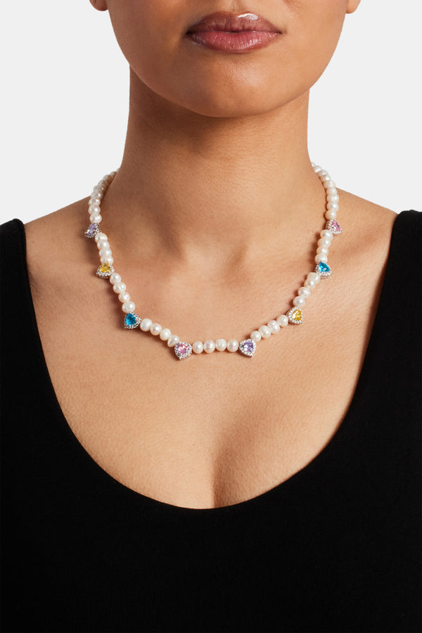 female model wearing the Freshwater Pearl Heart Gemstone Necklace