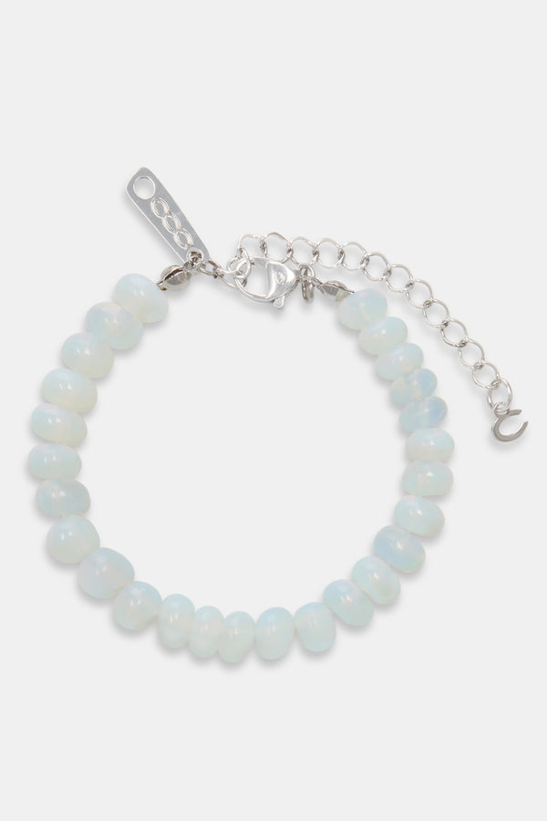 Opal bead bracelet in white with white background
