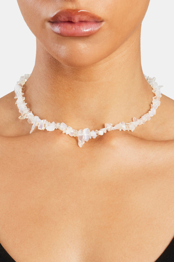 Female Model wearing opal shard bead necklace