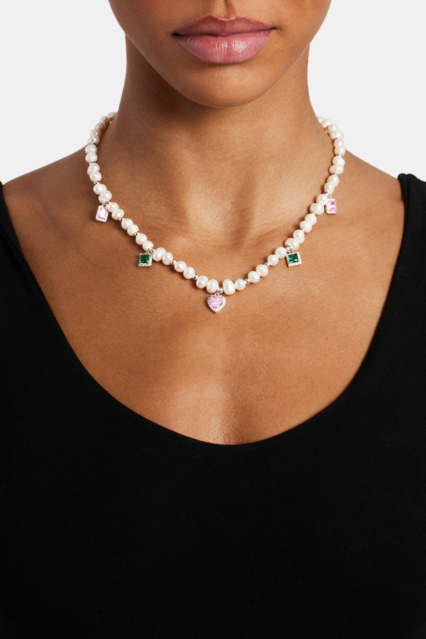 Pink & Green Mixed Gem Freshwater Pearl Necklace - 6mm