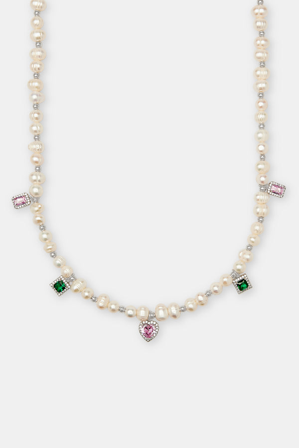 Pink & Green Mixed Gem Freshwater Pearl Necklace - 6mm