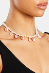 Freshwater Pearl Pink Cowrie Shell Necklace - Gold