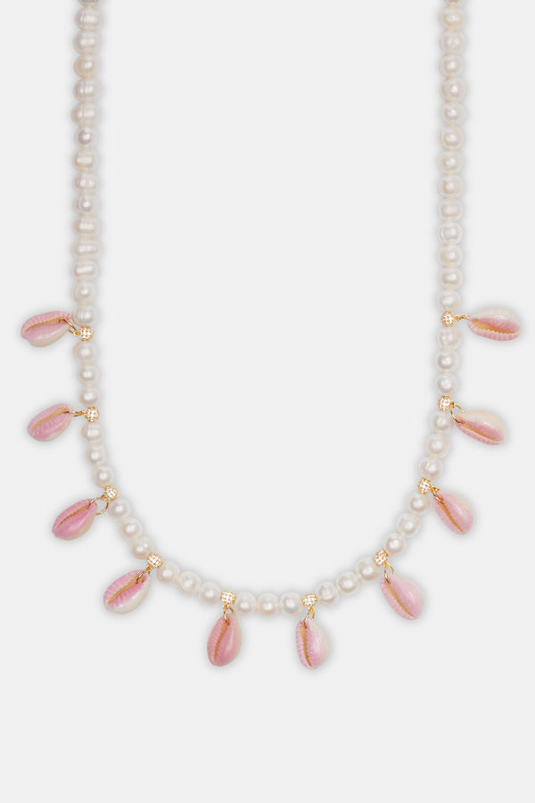 Freshwater Pearl Pink Cowrie Shell Necklace in gold with white background