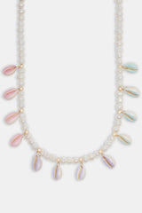 Freshwater Pearl Pastel Cowrie Shell Necklace in gold with white background
