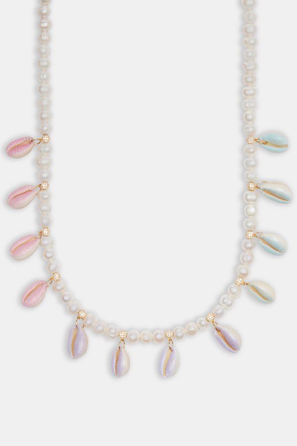 Freshwater Pearl Pastel Cowrie Shell Necklace in gold with white background