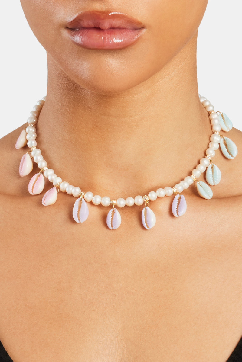 Freshwater Pearl Pastel Cowrie Shell Necklace Gold Womens