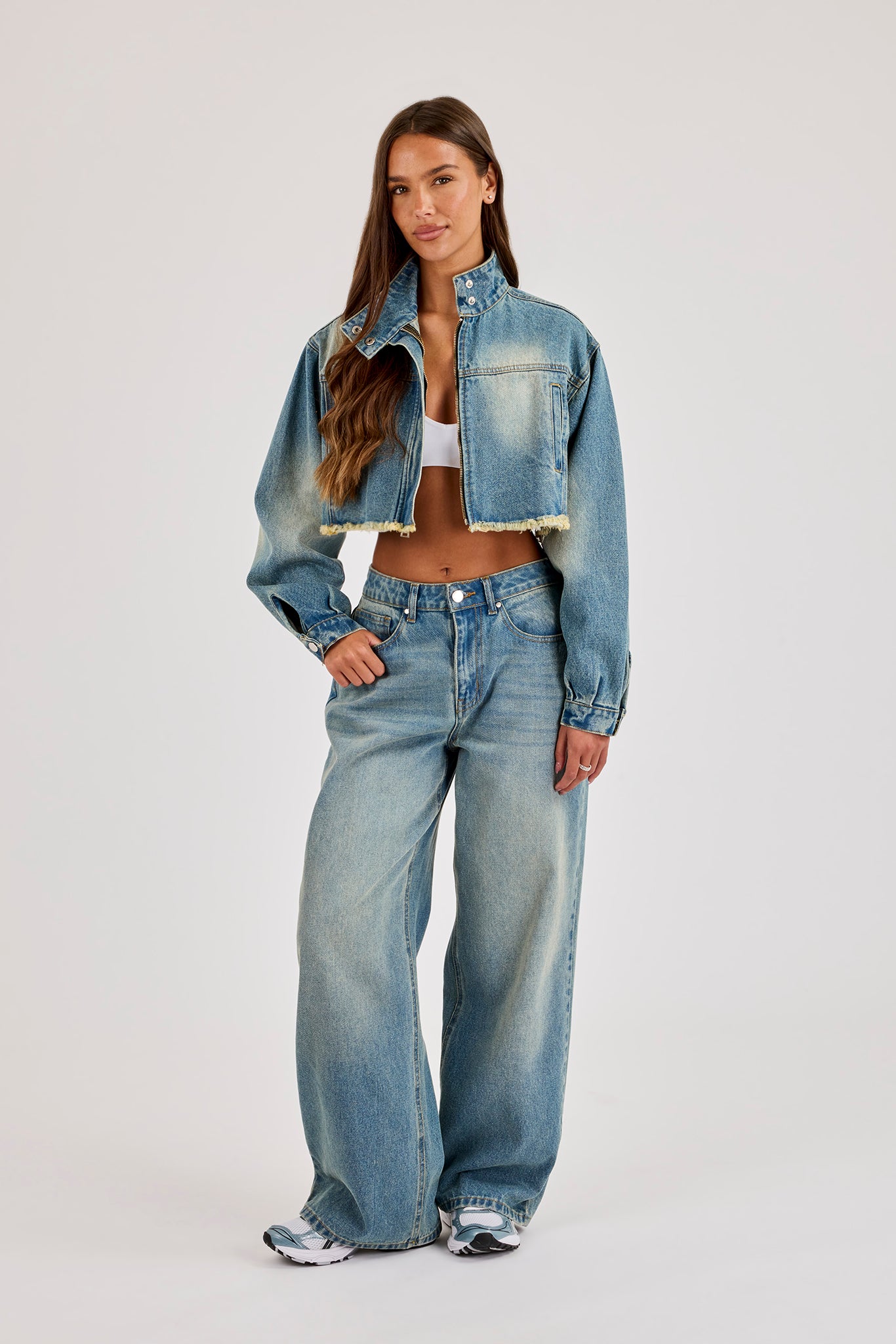 Super Crop Funnel Neck Denim Jacket & Jean - Antique Wash