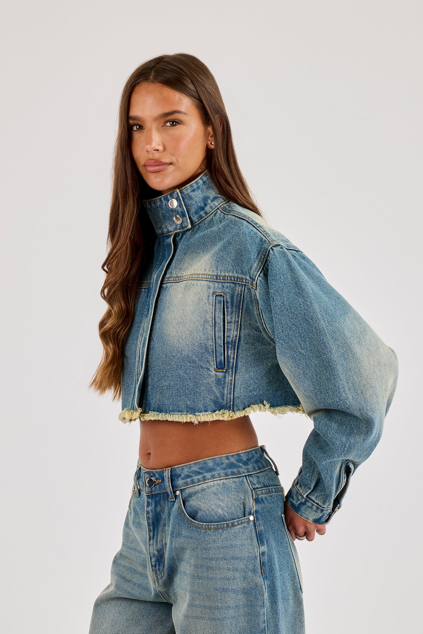 Super Crop Funnel Neck Denim Jacket - Antique Wash
