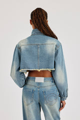 Super Crop Funnel Neck Denim Jacket - Antique Wash
