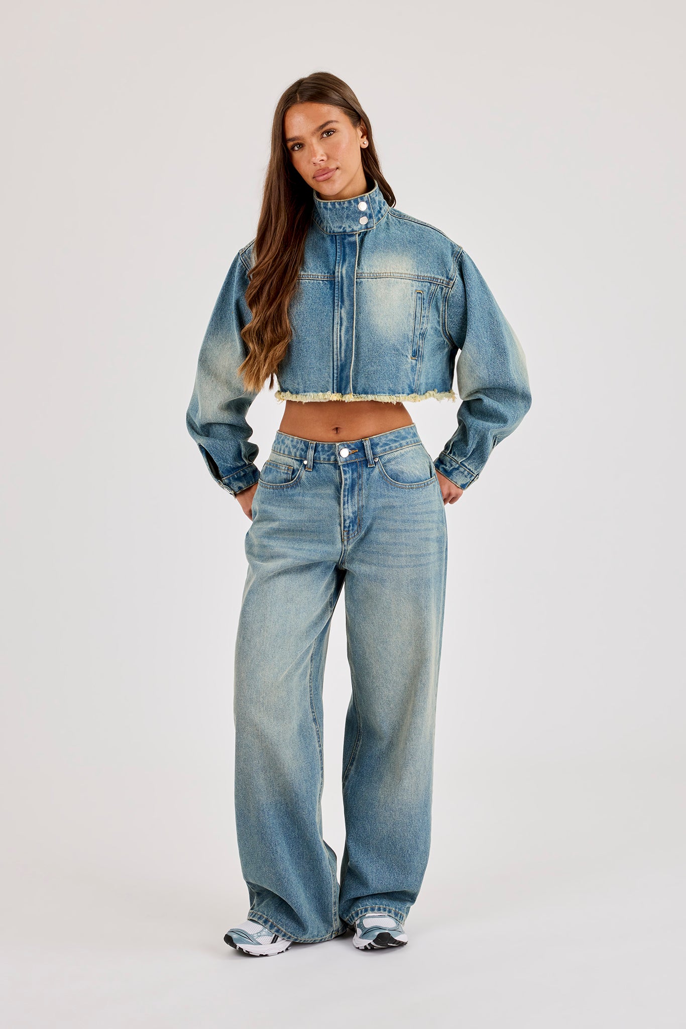 Super Crop Funnel Neck Denim Jacket & Jean - Antique Wash