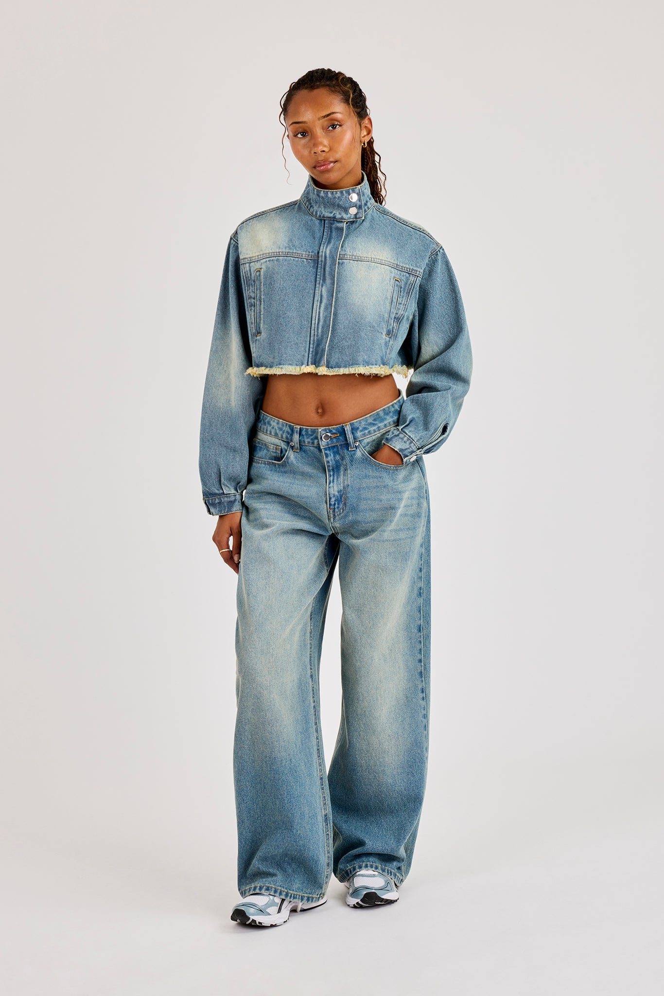 Super Crop Funnel Neck Denim Jacket & Jean - Antique Wash