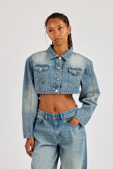 Super Crop Shoulder Pad Denim Jacket - Antique Wash