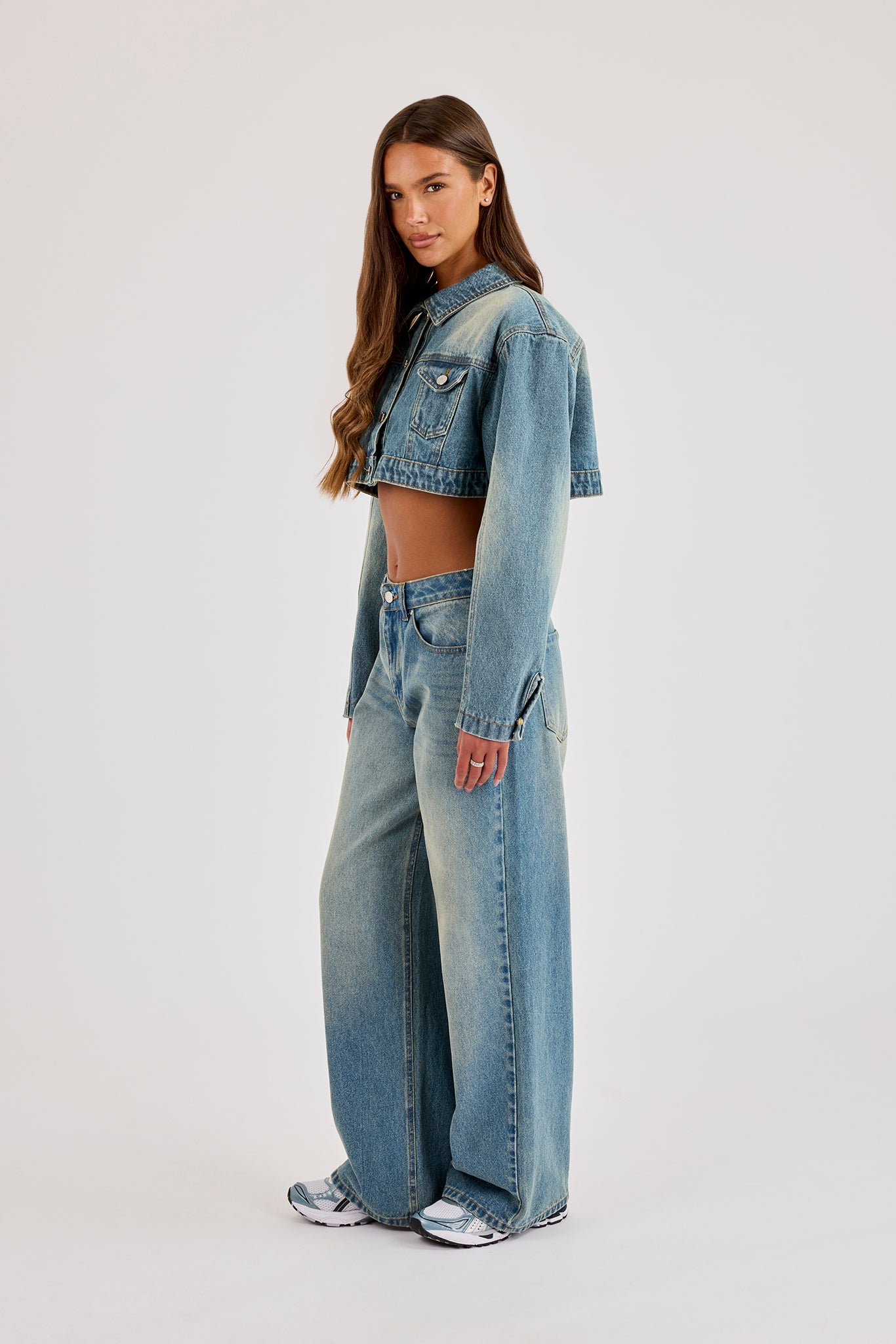 Super Crop Shoulder Pad Denim Jacket & Jean - Antique Wash