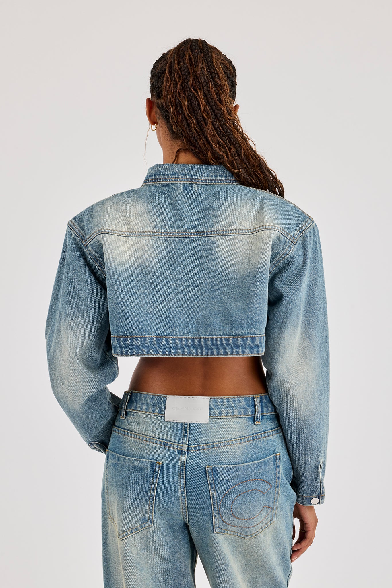 Super Crop Shoulder Pad Denim Jacket - Antique Wash