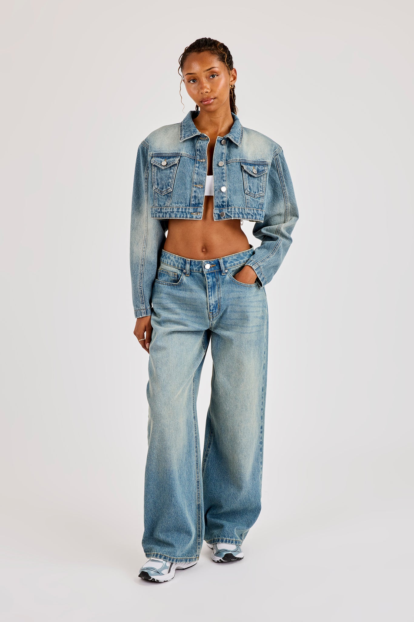 Super Crop Shoulder Pad Denim Jacket - Antique Wash