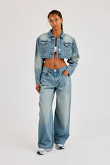 Super Crop Shoulder Pad Denim Jacket - Antique Wash