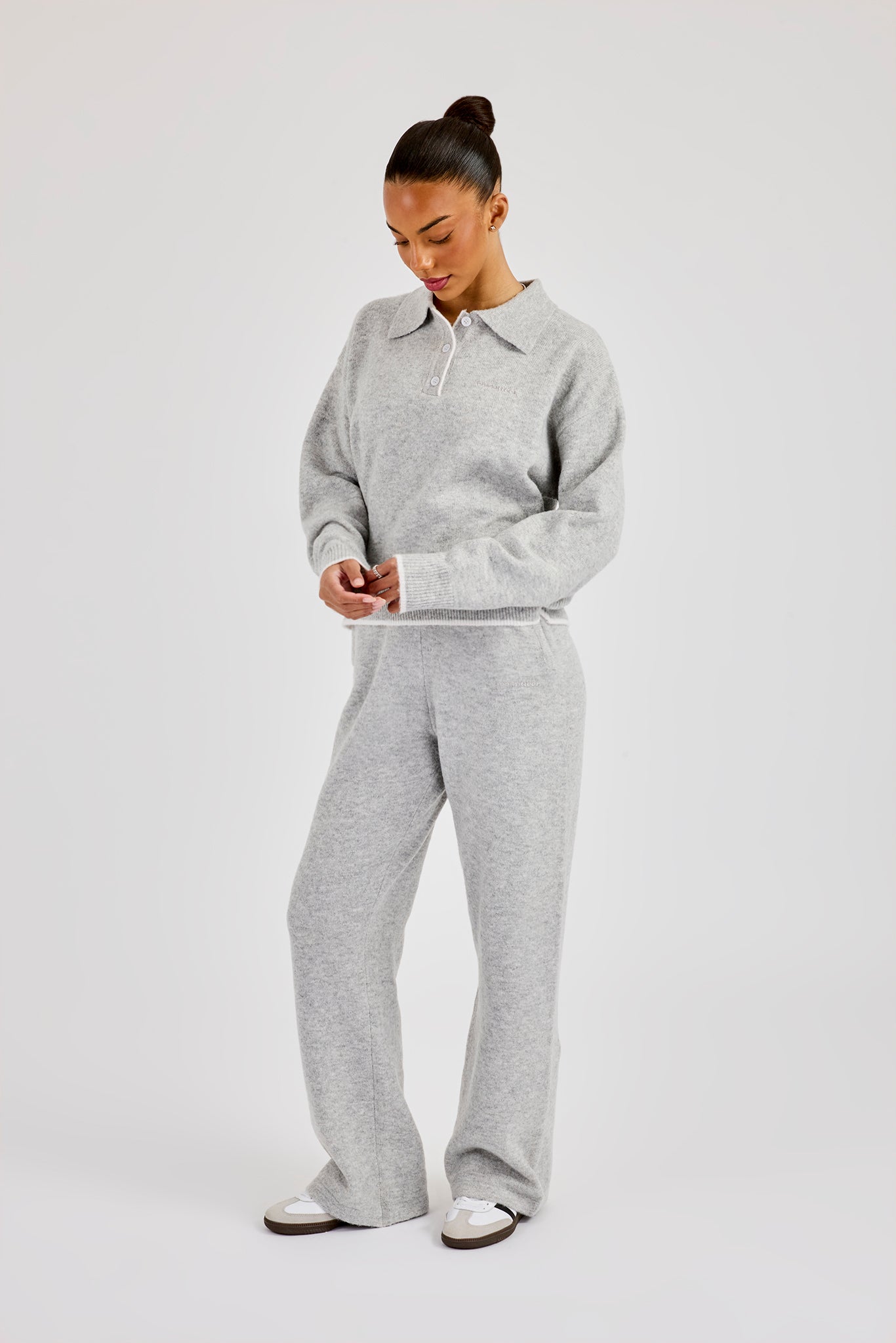 Knitted Long Sleeve Polo & Jogger With Contrast Tipping - Grey