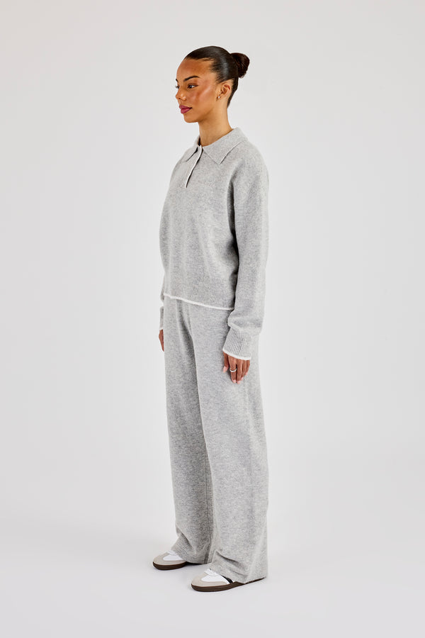 Knitted Long Sleeve Polo & Jogger With Contrast Tipping - Grey