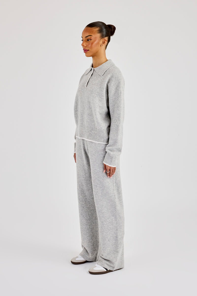 Knitted Long Sleeve Polo & Jogger With Contrast Tipping - Grey