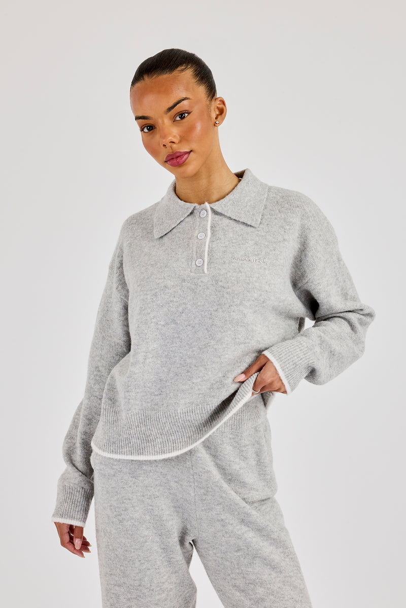 Knitted Long Sleeve Polo With Contrast Tipping - Grey