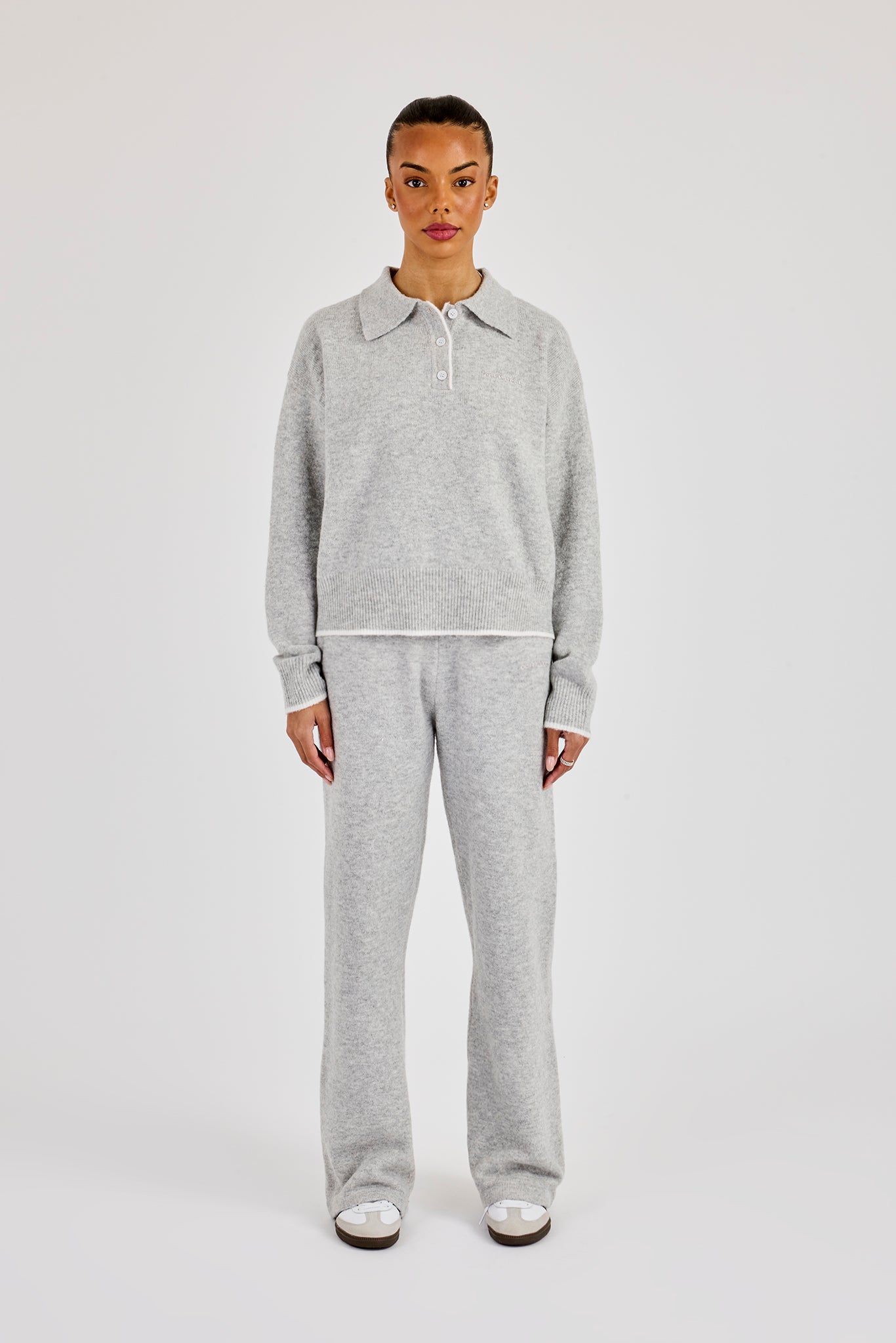Knitted Long Sleeve Polo & Jogger With Contrast Tipping - Grey
