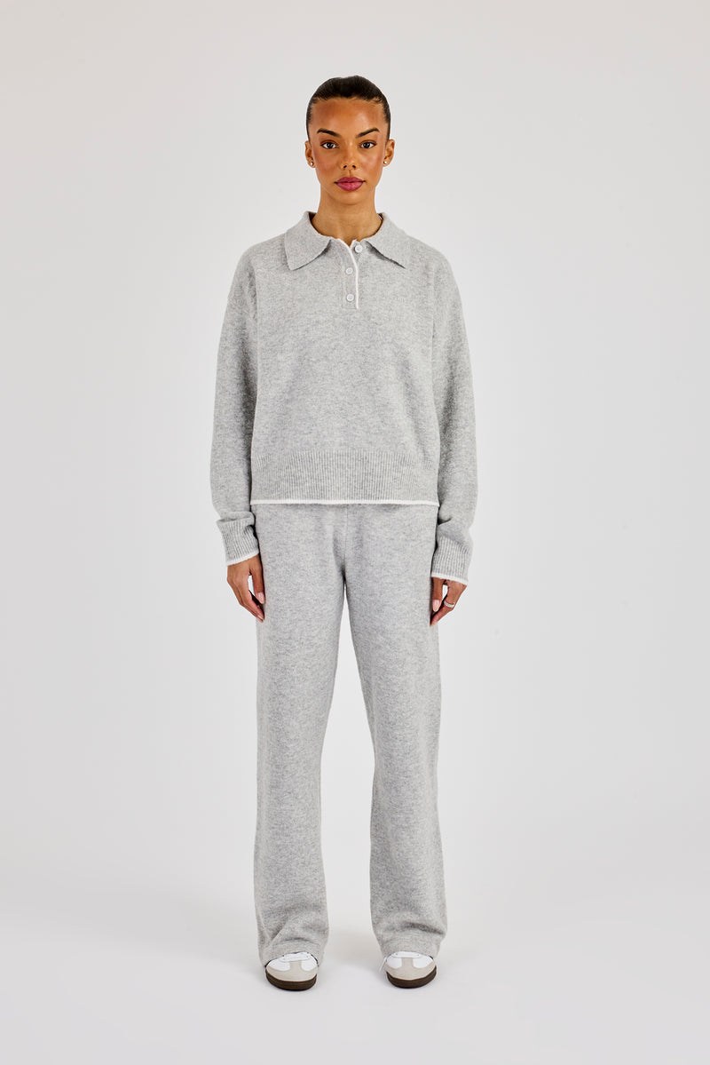 Knitted Long Sleeve Polo & Jogger With Contrast Tipping - Grey