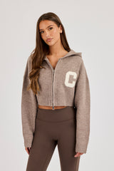C Intarsia Cropped Zip Through Hoodie - Taupe