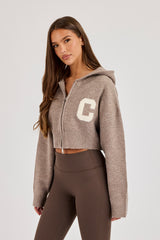 C Intarsia Cropped Zip Through Hoodie - Taupe
