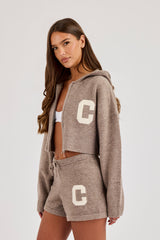 C Intarsia Cropped Zip Through Hoodie &  Knitted C Short - Taupe