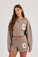 C Intarsia Cropped Zip Through Hoodie &  Knitted C Short - Taupe