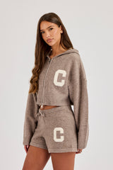 C Intarsia Cropped Zip Through Hoodie &  Knitted C Short - Taupe