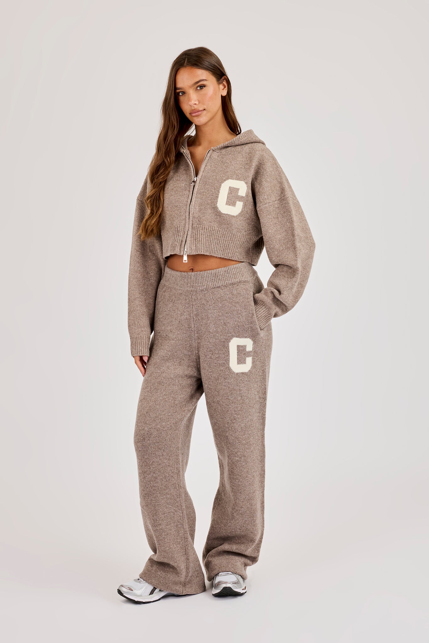 C Intarsia Cropped Zip Through Hoodie & Jogger – Taupe