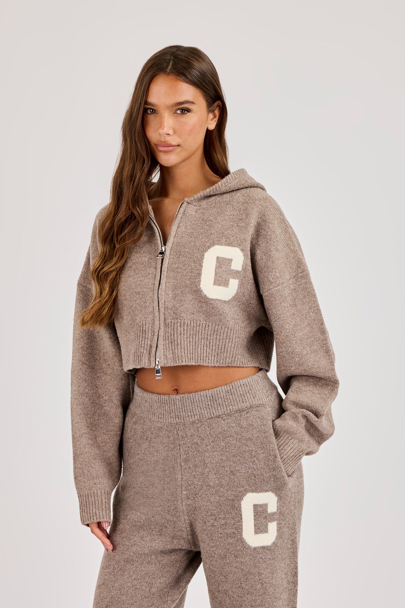 C Intarsia Cropped Zip Through Hoodie - Taupe