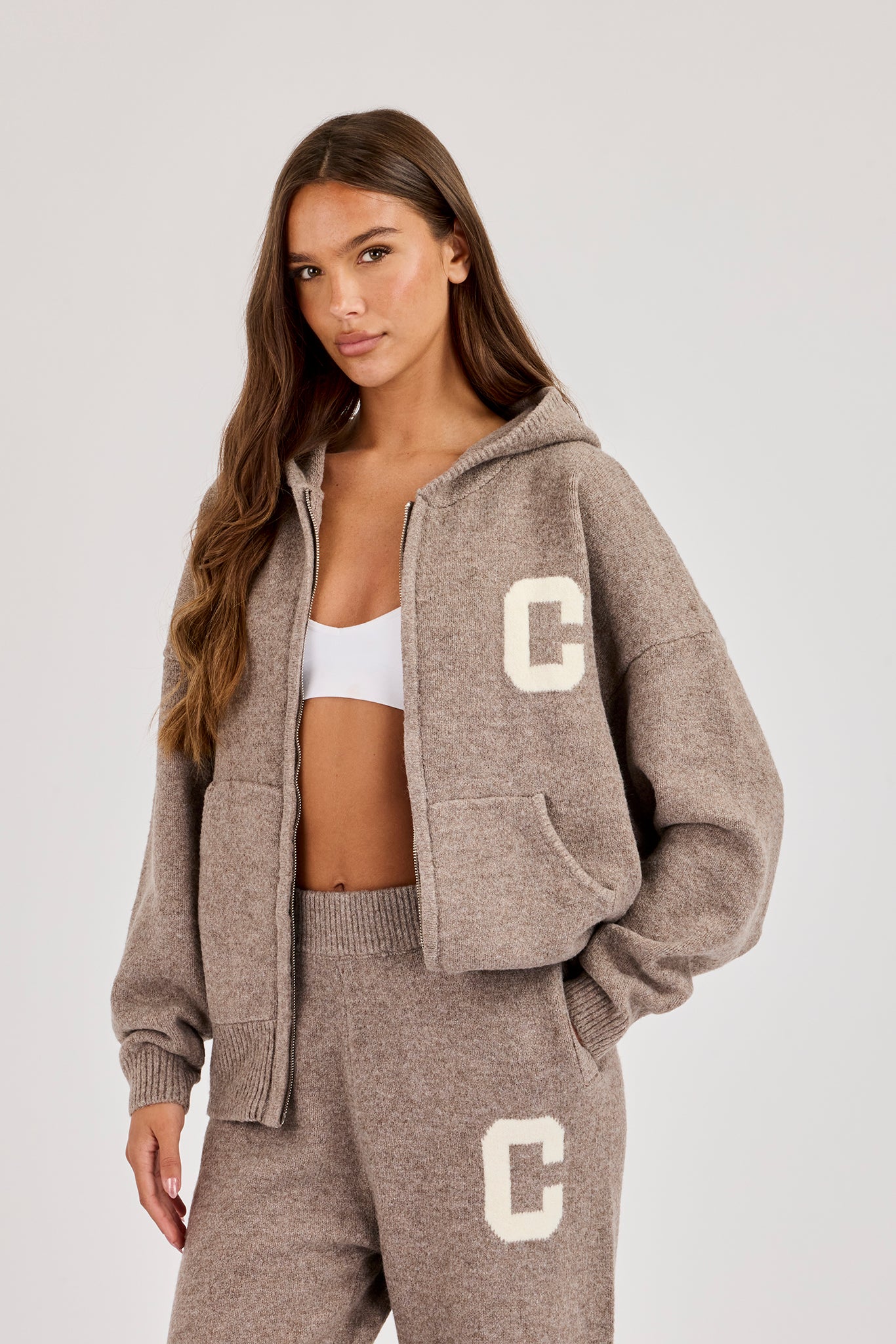 Hooded Zip Through Knitted Jumper - Taupe