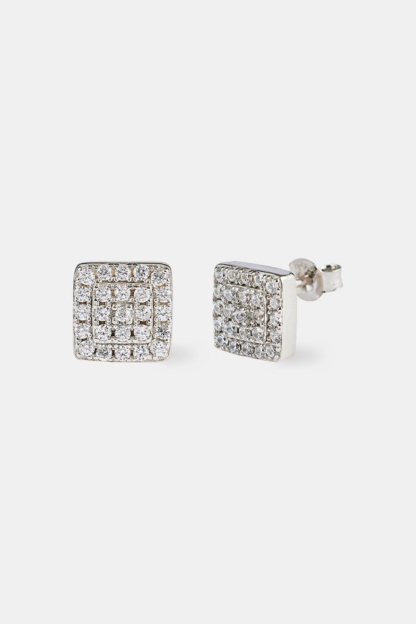 Iced Square CZ Pave Stud Earrings - 8mm