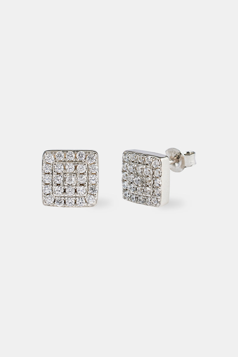 Iced Square CZ Pave Stud Earrings - 8mm