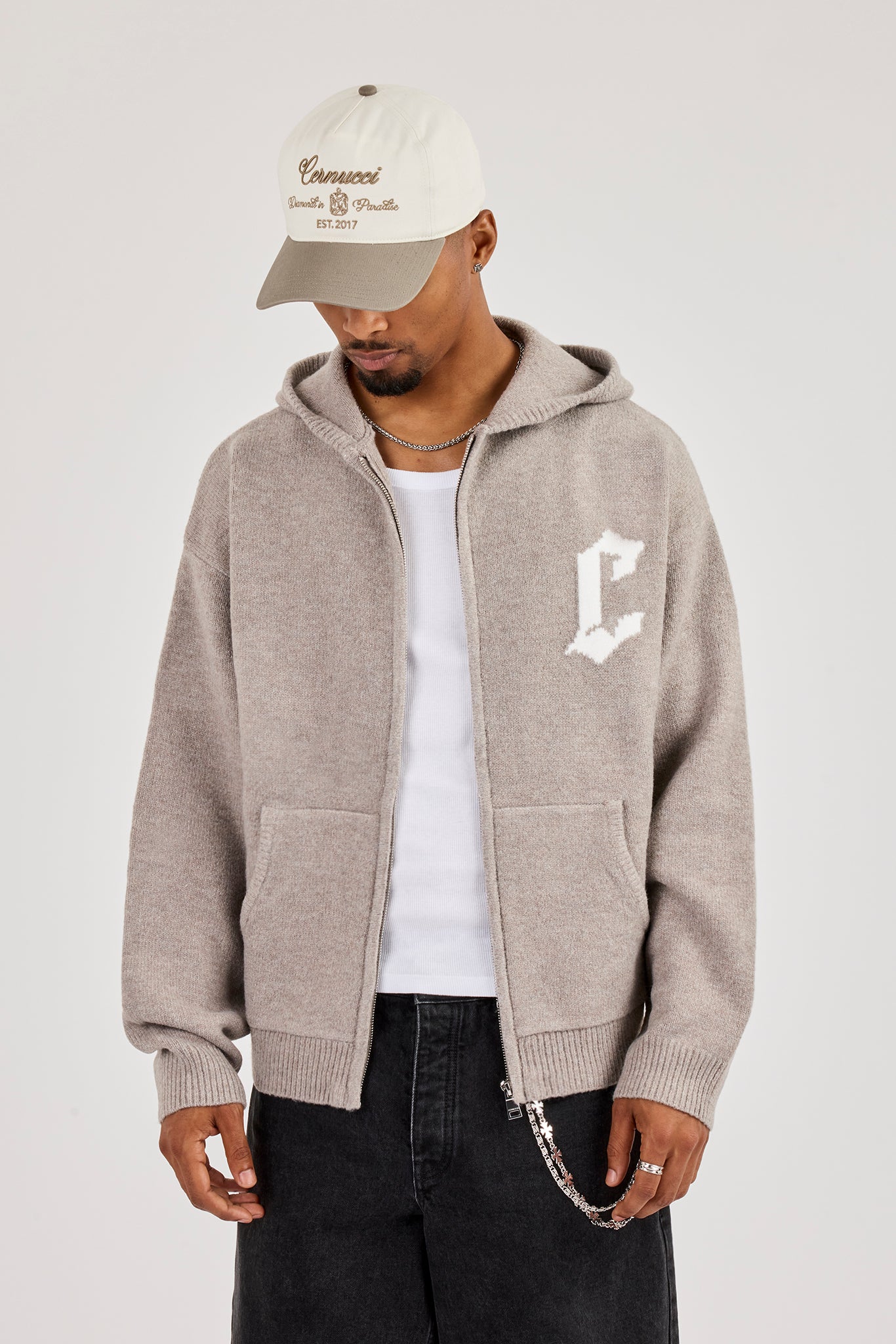 Mens C Knitted Zip Through Hoodie - Stone