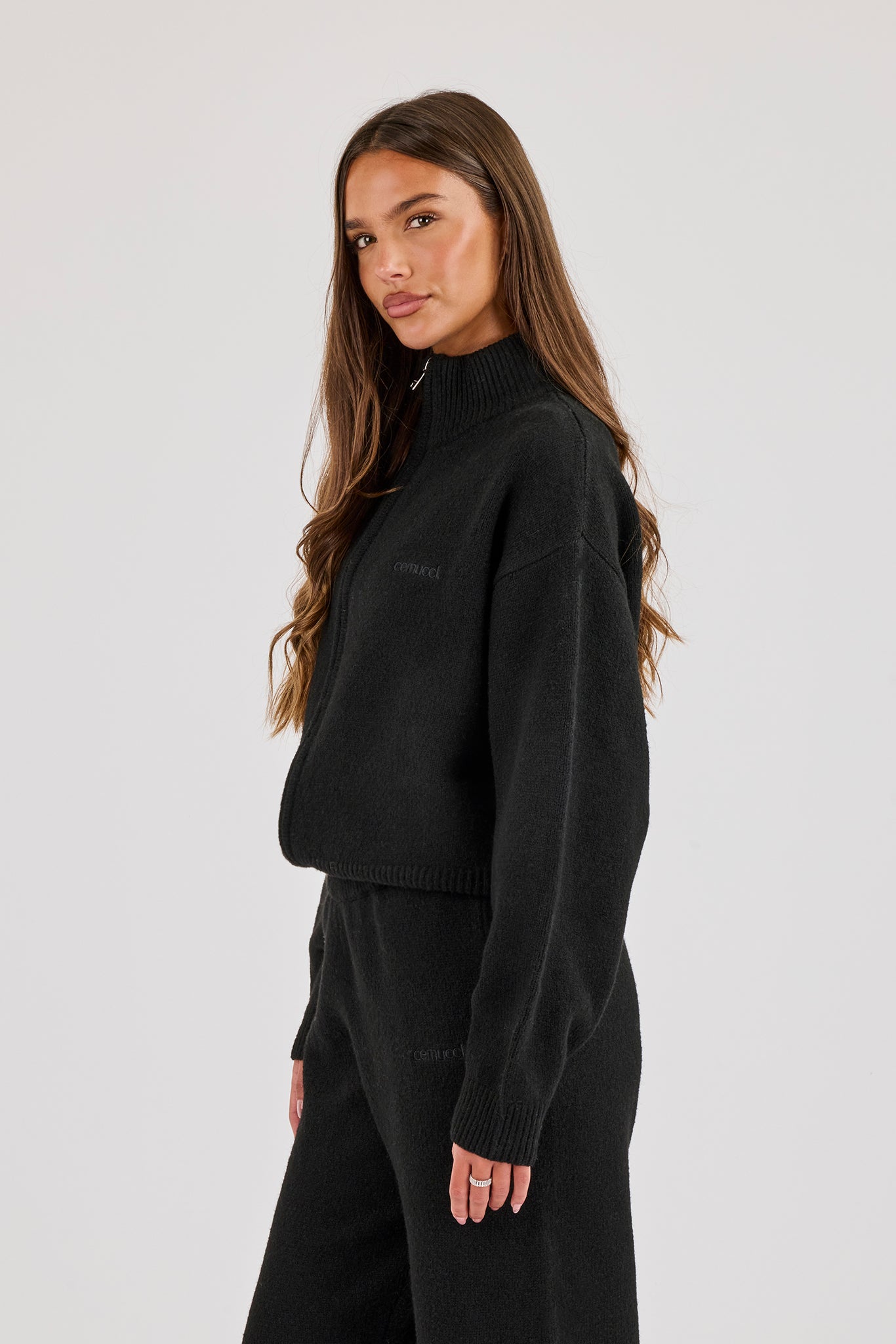 Knitted Embroidered Logo Funnel Neck Zip Through - Black