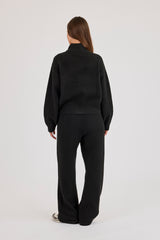 Knitted Embroidered Logo Funnel Neck Zip Through & Wide Leg Jogger - Black