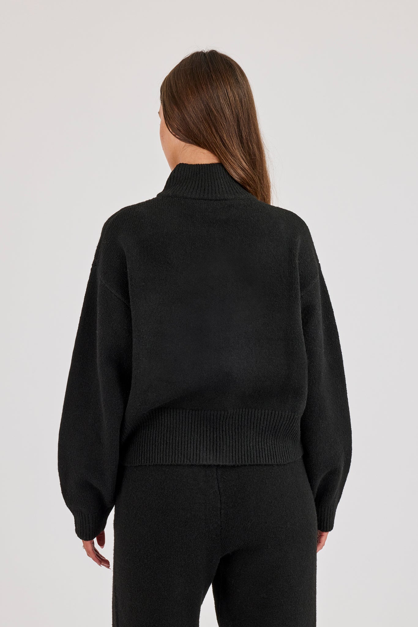 Knitted Embroidered Logo Funnel Neck Zip Through - Black