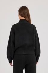 Knitted Embroidered Logo Funnel Neck Zip Through - Black