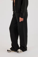 Knitted Embroidered Logo Wide Leg Jogger - Black