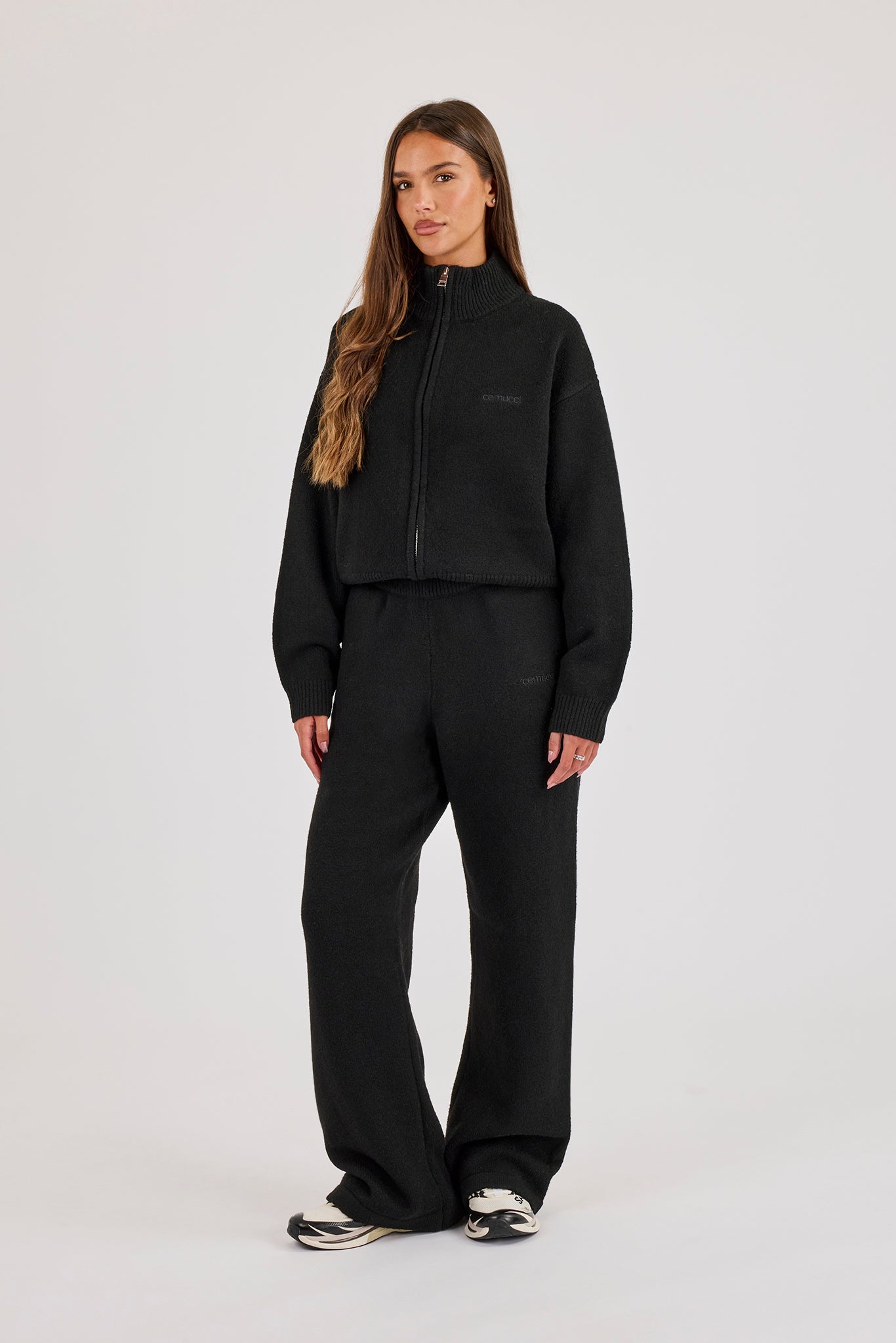 Knitted Embroidered Logo Funnel Neck Zip Through - Black