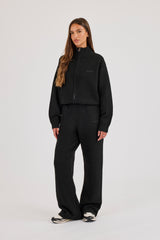 Knitted Embroidered Logo Funnel Neck Zip Through - Black